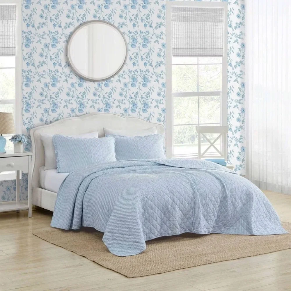 Laura Ashley Light Blue Oxford Striped Quilted Full/Queen Bedding Set ~ NWT